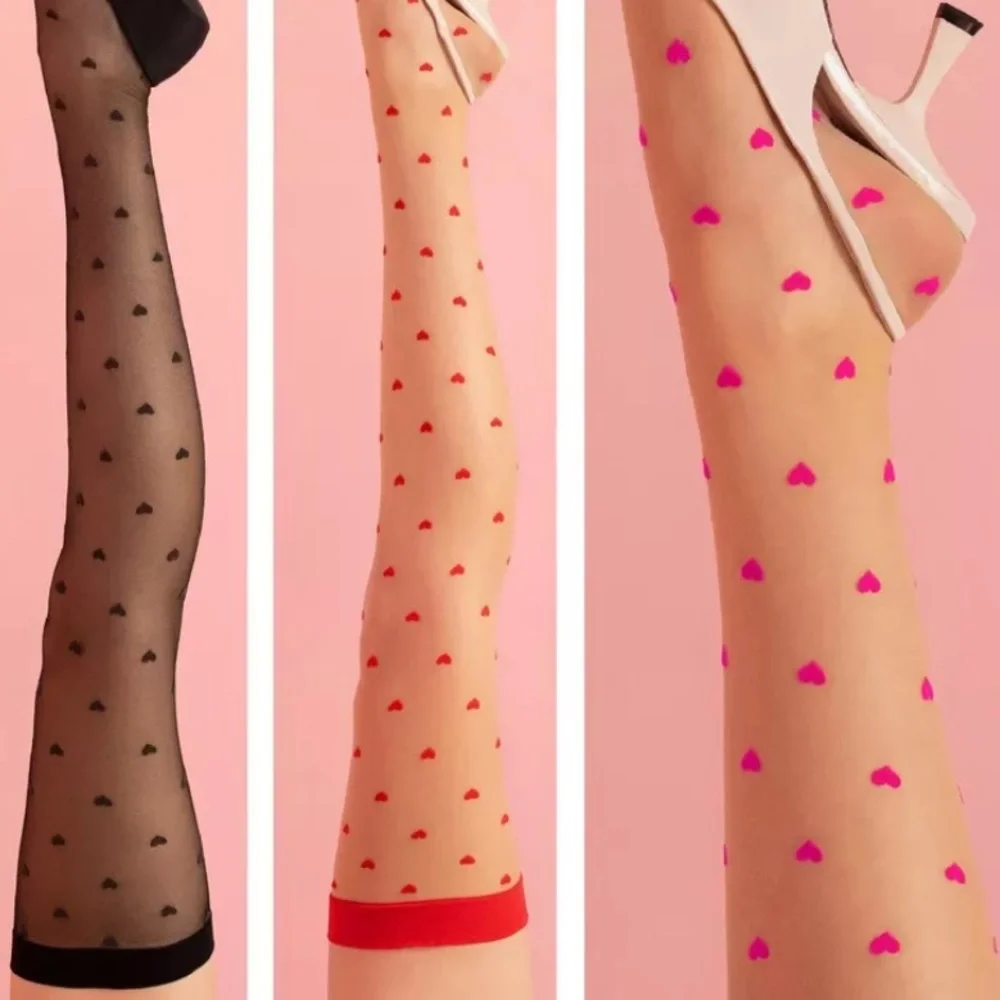 Polka dot red heart thigh high garter pantyhose stockings burlesque lingerie new